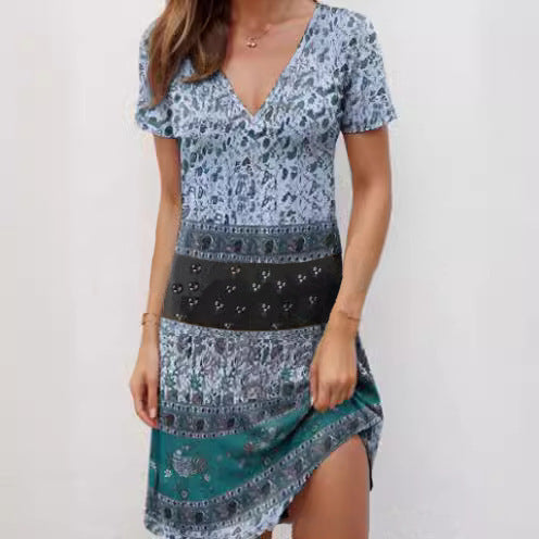 Damen Kurzarmkleid mit modischem V-Ausschnitt und kreativem Muster EB