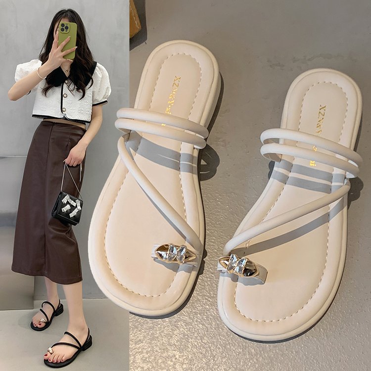 Damen elegante Zehensteg-Sandalen mit glamourösem Schmuckdetail EB