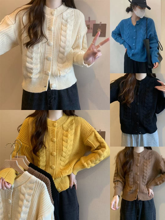 Damen gemütlicher Strickcardigan mit geflochtenem Muster und großen Knöpfen EB