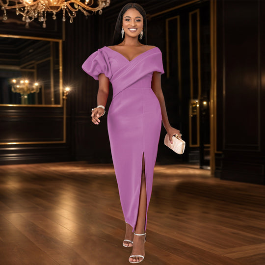 Damen Elegantes, figurbetontes Abendkleid mit asymmetrischem Ausschnitt und Puffärmeln EB