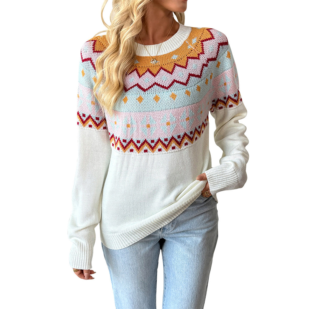 Damen Strickpullover mit traditionellem Muster und überschnittenen Schultern EB