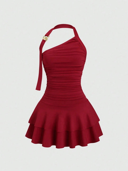 Damen asymmetrisches Wickelkleid mit gerafftem Design EB