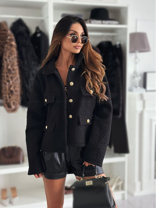 Damen Trendige Bouclé-Jacke mit goldenen Knöpfen und praktischen Taschen EB