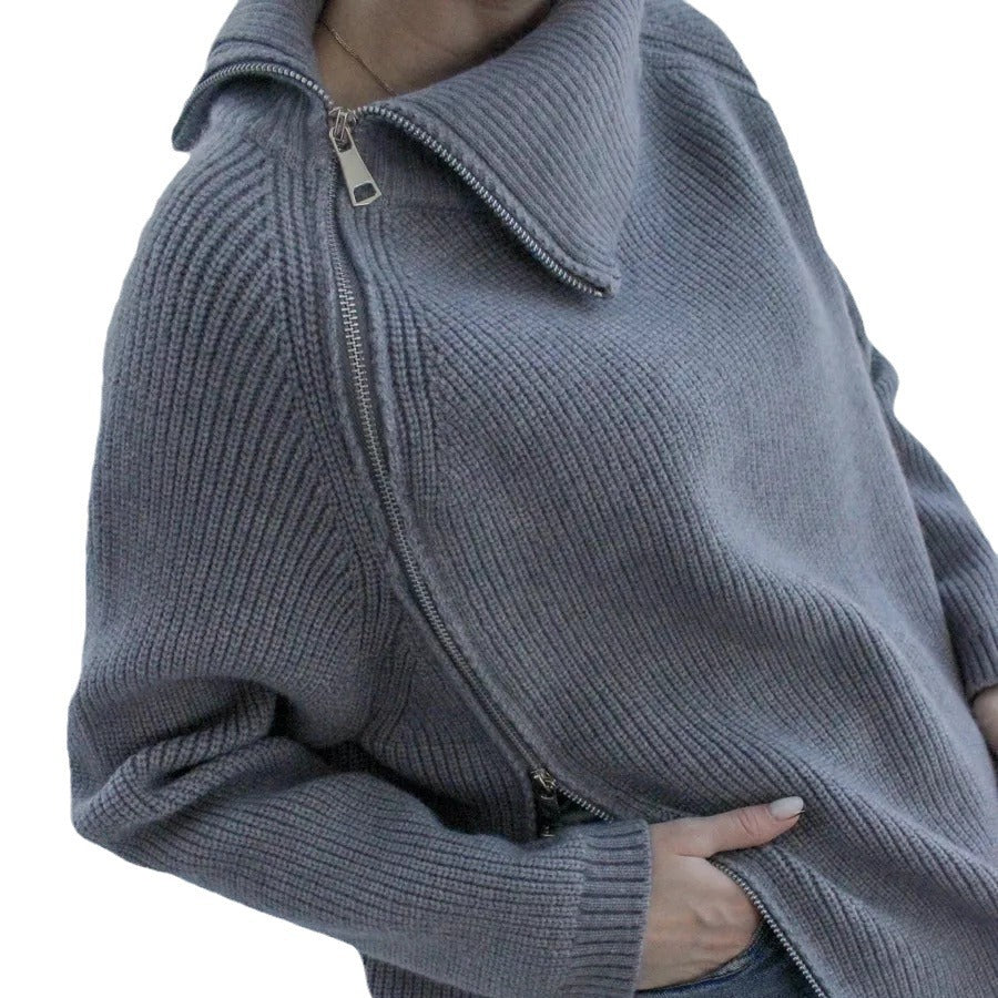 Damen Oversized Pullover mit asymmetrischem Reißverschluss und hochgeschlossenem Kragen EB