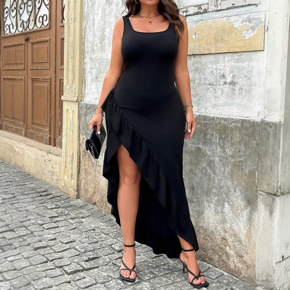 Damen elegantes Maxikleid mit asymmetrischem Saum und Rüschendetails EB