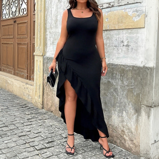 Damen elegantes Maxikleid mit asymmetrischem Saum und Rüschendetails EB