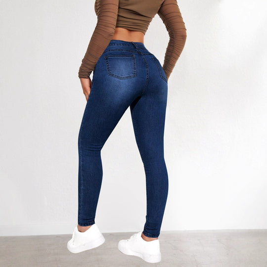 Damen High-Waist Skinny Jeans mit angedeuteten Taschen und elastischem Bund EB