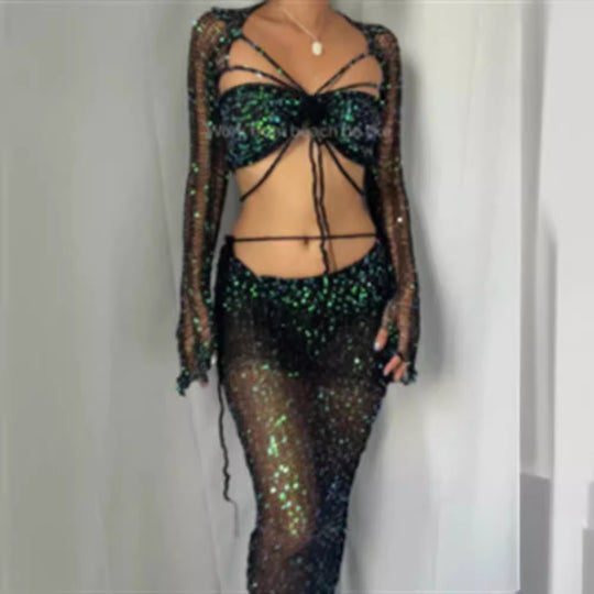 Damen Funkelnde Netzhose mit glitzernden Pailletten und elegantem Design EB