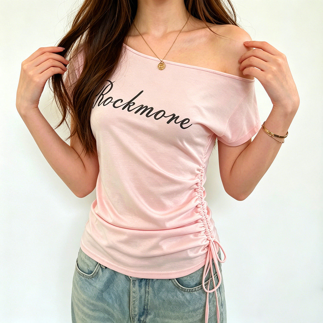 Damen Off-Shoulder T-Shirt mit Raffungen und modischem Schriftzug EB