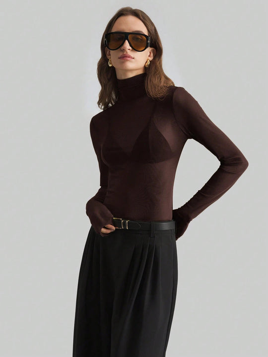 Damen Transparente Turtleneck-Bluse mit figurformendem Schnitt EB