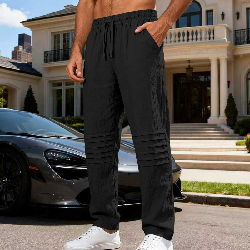 Herren Leinenoptik-Loungehose mit Tunnelzug elastischem Bund und abgesteppten Kniepanelen EB