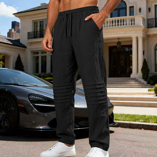 Herren Leinenoptik-Loungehose mit Tunnelzug elastischem Bund und abgesteppten Kniepanelen EB