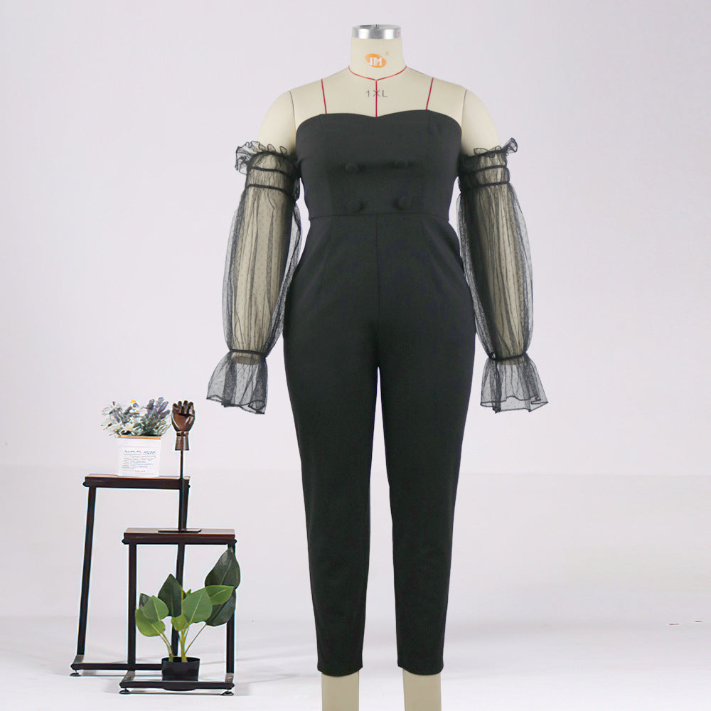 Damen Elegantes Jumpsuit mit transparenten Puffärmeln EB