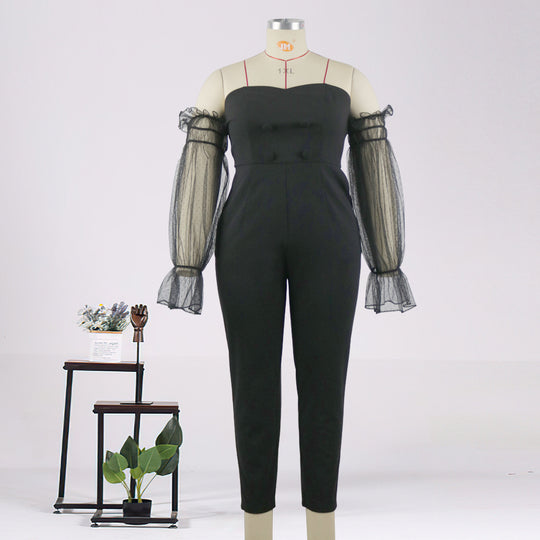 Damen Elegantes Jumpsuit mit transparenten Puffärmeln EB