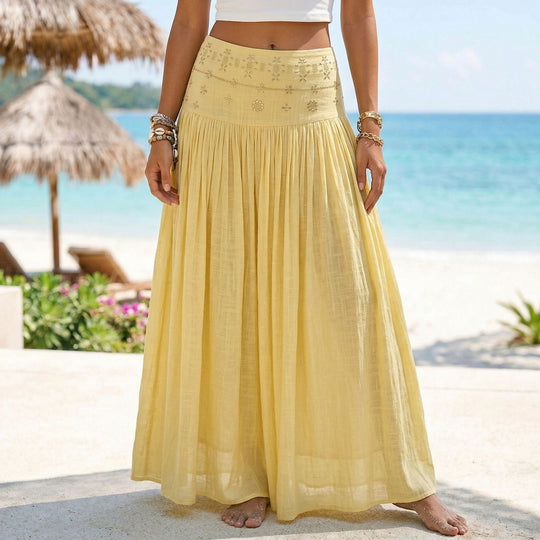 Damen nan maxi-Volantrock mit besticktem Bund und feinen Falten EB