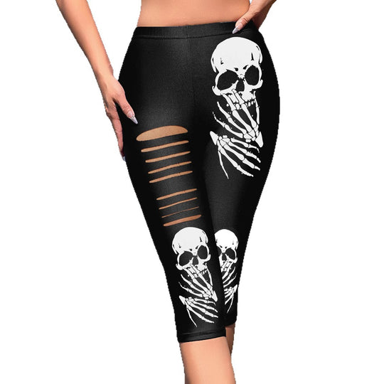 Damen Leggings mit auffälligem Totenkopf-Print und modischen Cut-Outs EB