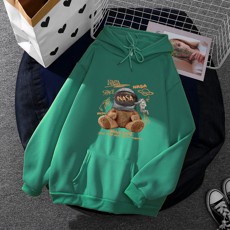Damen nan lässiger Hoodie mit Astronauten‑Teddy‑Print, Kängurutasche und weichem Fleece-Innenfutter EB