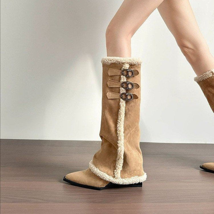 Damen hohe Stiefel mit weichem Kunstfellkragen und detaillierter Schnürfront EB