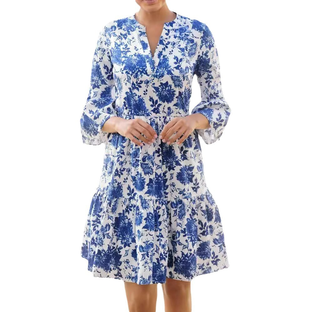 Damen Blumenkleid mit voluminösen Ärmeln und eleganter Passform EB