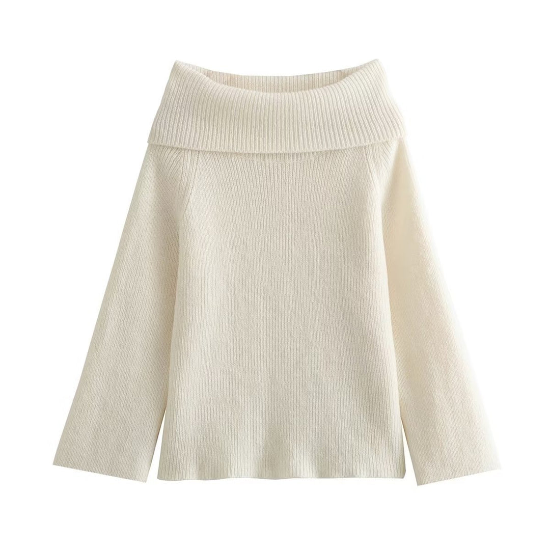 Damen nan oversize schulterfreier Strickpullover mit breitem Umschlagkragen und Rippstruktur EB
