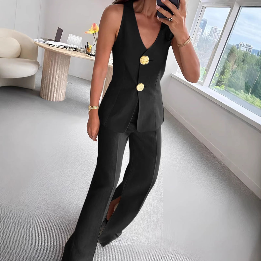 Damen elegantes Jumpsuit mit vordere Knopfleiste und weitem Bein EB
