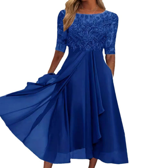 Damen Abendkleid mit elegantem Stickdesign und fließendem Rock Heidi-Mode