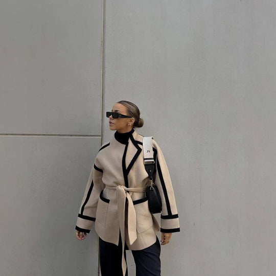 Damen elegante Blazerjacke mit Taillengürtel und Kontrastnähten EB