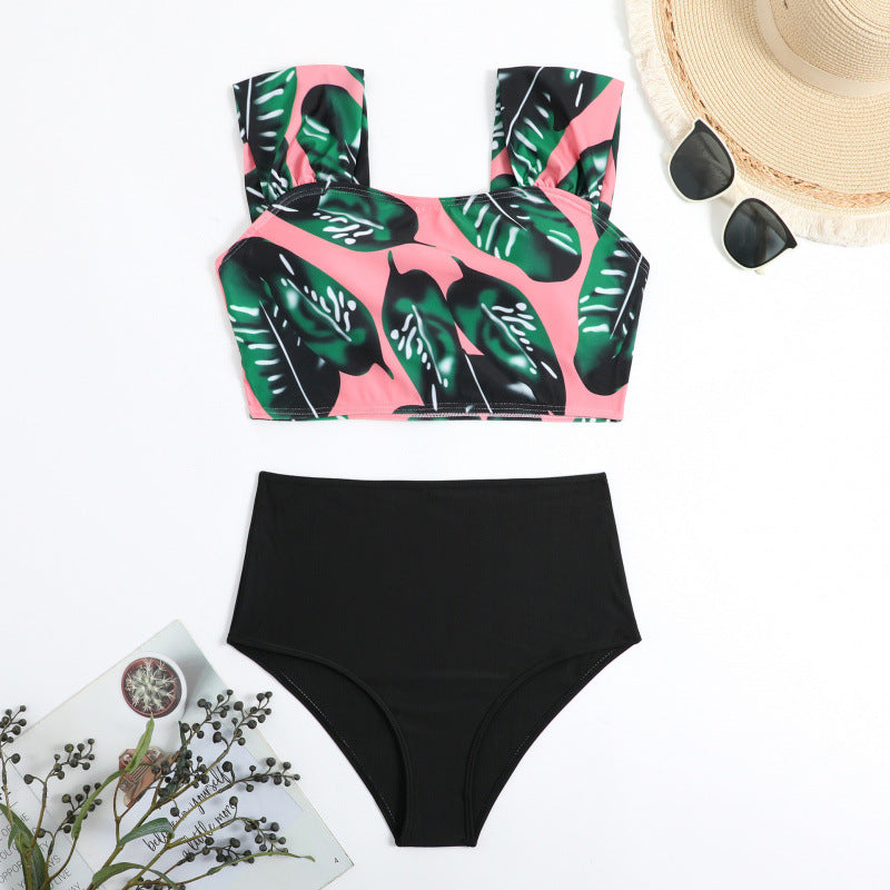Damen Hochgeschnittener Bikini mit modischem Streifenmuster und floralem Unterteil EB