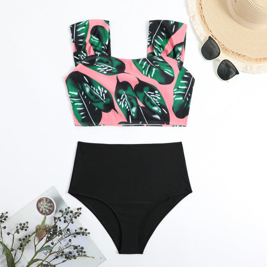 Damen Hochgeschnittener Bikini mit modischem Streifenmuster und floralem Unterteil EB