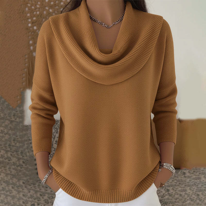 Damen nan schimmernder Strickpullover mit Wasserfallkragen, feiner Glitzerstruktur und schmalem Saum EB