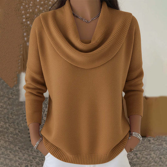 Damen nan schimmernder Strickpullover mit Wasserfallkragen, feiner Glitzerstruktur und schmalem Saum EB