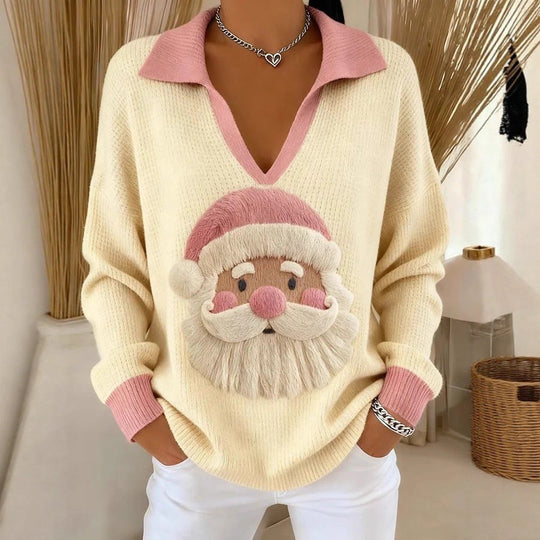 Damen Weicher Strickpullover mit V-Kragen, Polokragen und 3D-Weihnachtsmotiv EB