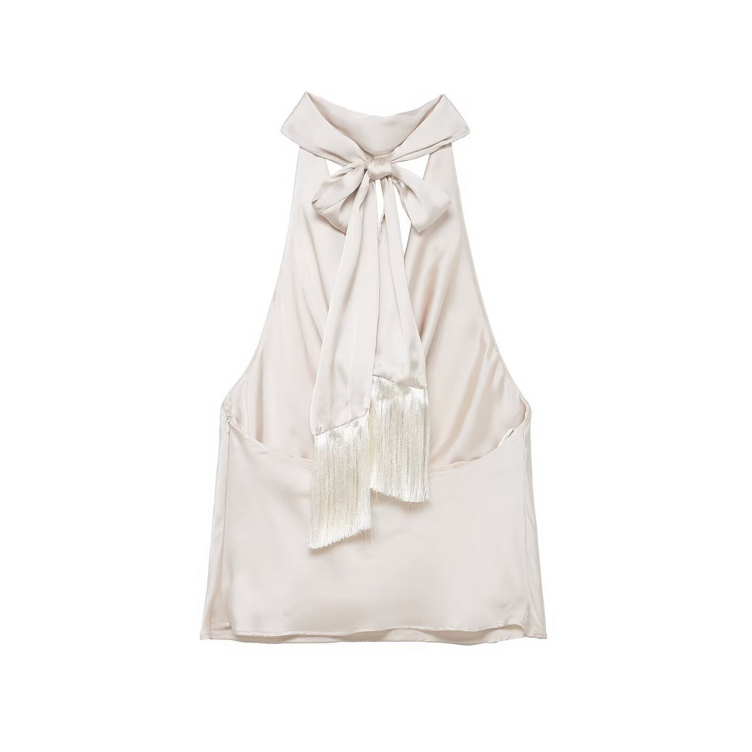Damen elegantes Haltertop aus fließendem Satin mit dekorativem Rückenausschnitt EB