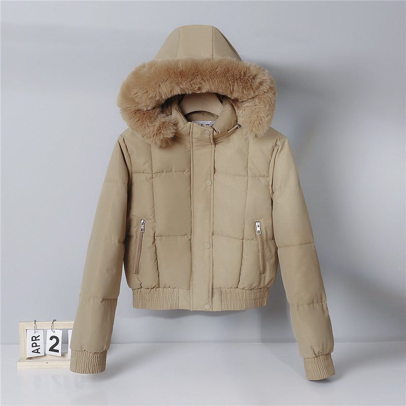 Damen nan kurzer isolierender Kapuzenblouson mit voluminöser Pelzkragenblende und elastischem Rippsaum EB