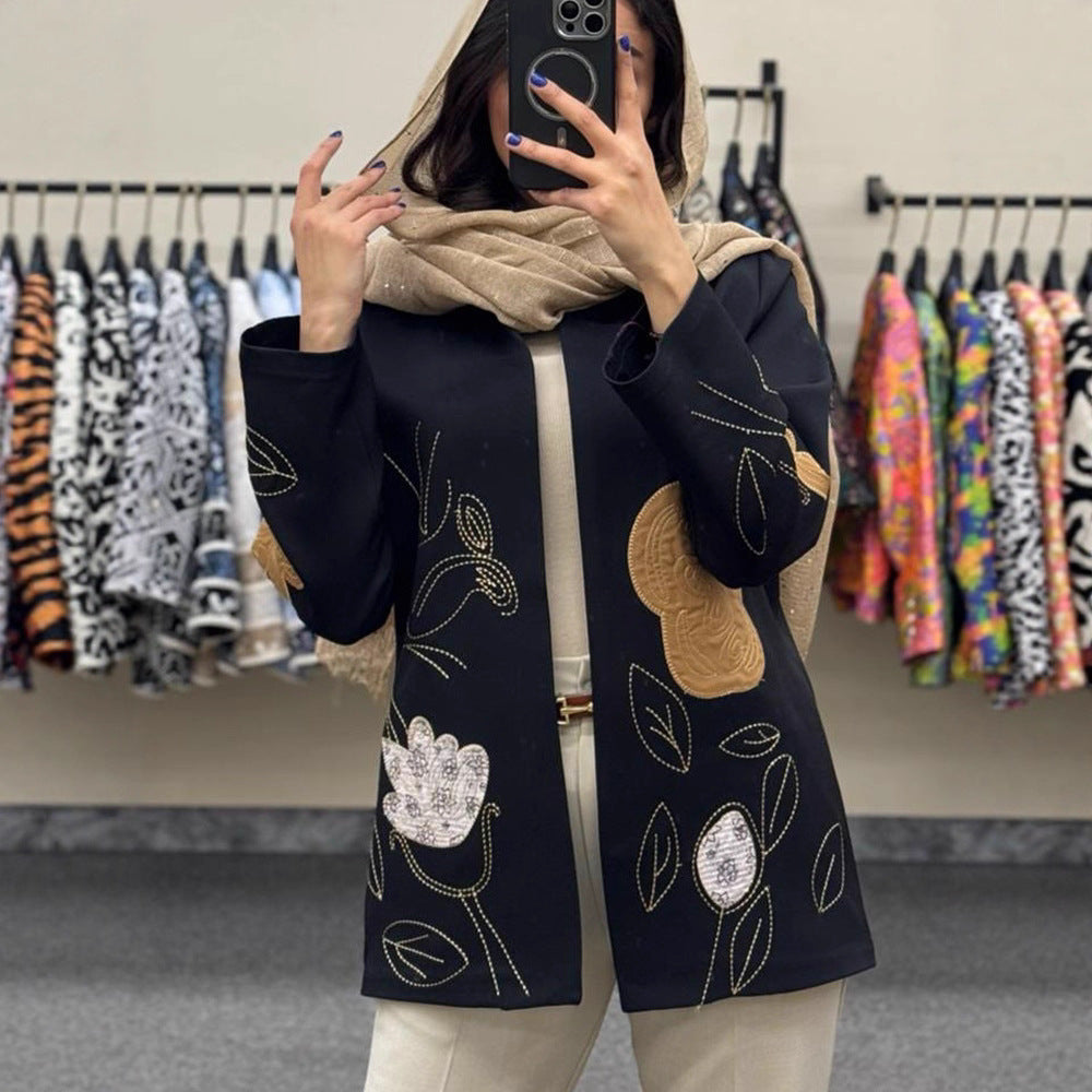 Damen modische Blazerjacke mit floralen Stickereien EB
