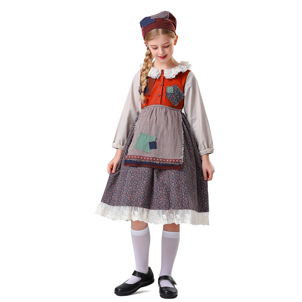 Damen nan vintageinspiriertes Rüschenkleid mit abnehmbarer Schürze und Spitzenbesatz EB