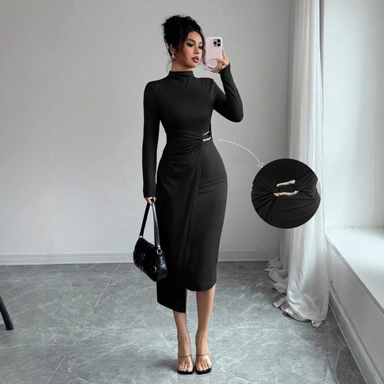 Damen nan figurbetontes Midikleid mit Stehkragen, Taillenraffung und asymmetrischem Saum EB