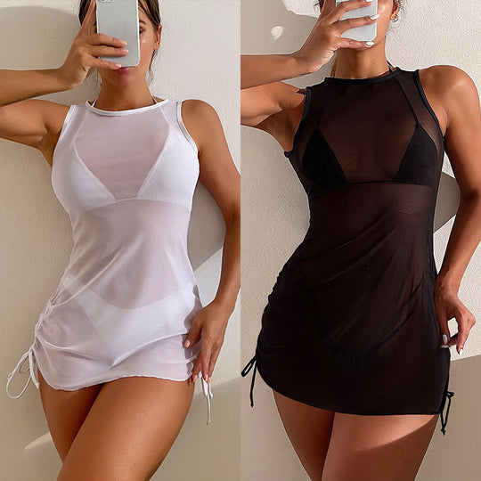 Damen Strandkleid mit transparentem Design und verstellbarem Kordelzug EB