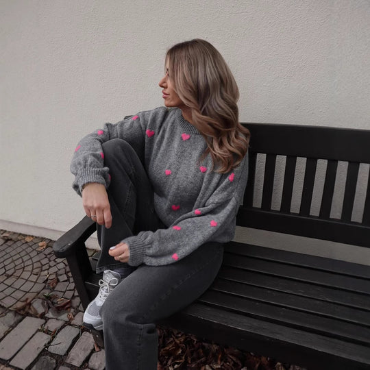 Damen nan oversized Strickpullover mit Herzintarsien und Ballonärmeln EB