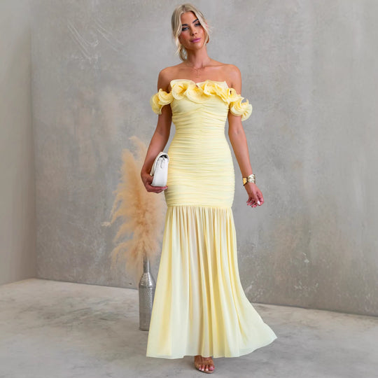 Damen Off-Shoulder Maxikleid mit voluminösen Rüschendetails und elegantem Taillenschnitt EB