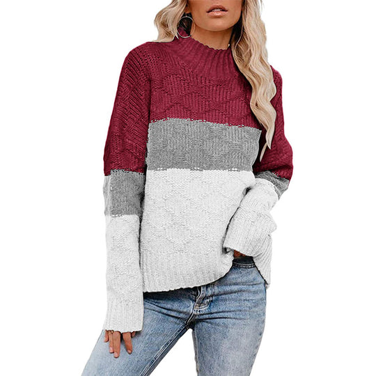 Damen farbenfroher Strickpullover mit strukturiertem Muster und hohem Kragen EB