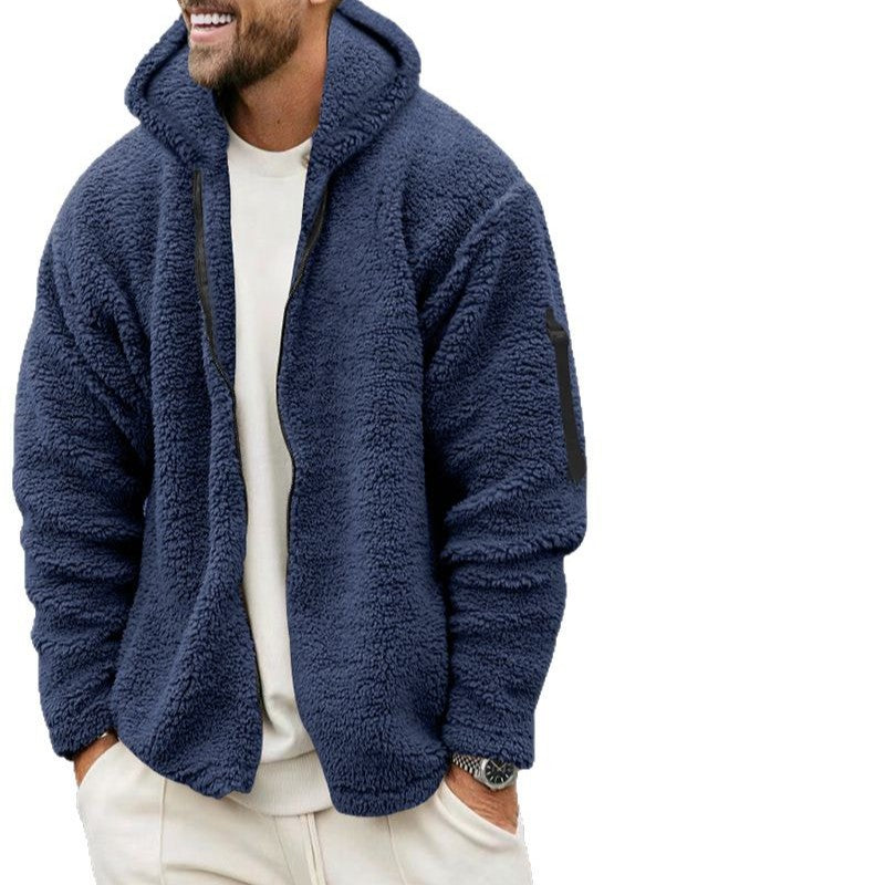 Herren nan Teddy-Fleece Zip-Jacke mit Kapuze, verdecktem Zwei-Wege-Reißverschluss und Ärmeltasche EB