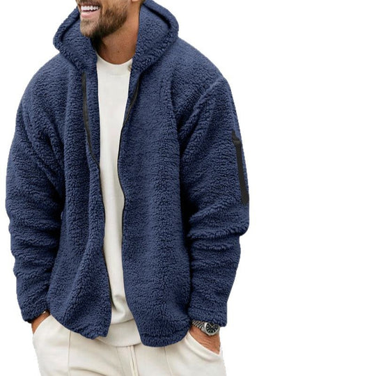 Herren nan Teddy-Fleece Zip-Jacke mit Kapuze, verdecktem Zwei-Wege-Reißverschluss und Ärmeltasche EB