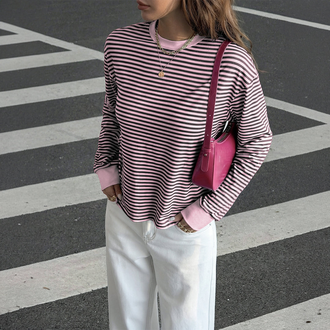 Damen nan lässiges gestreiftes Oversize-Longsleeve mit kontrastierendem Rundhalsausschnitt und verlängertem Rückensaum EB