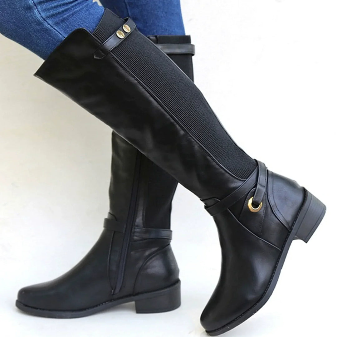 EB | Knielange Stiefel – Slim Fit – Elastisches Panel – Niedriger Blockabsatz – Schnallenriemen