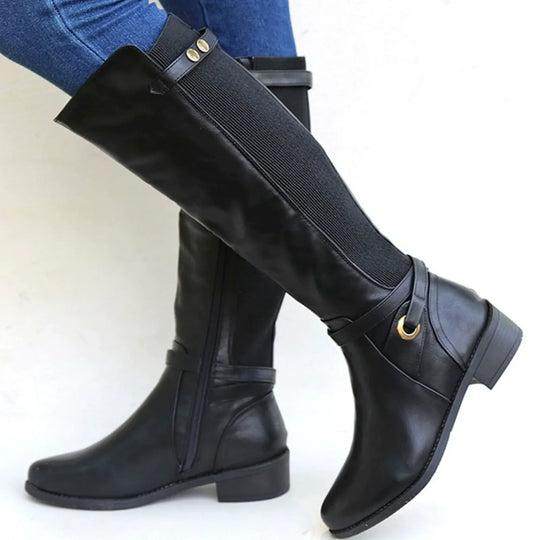 EB | Knielange Stiefel – Slim Fit – Elastisches Panel – Niedriger Blockabsatz – Schnallenriemen