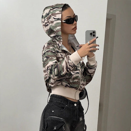 Damen Cargojacke im trendigen Camouflage-Design mit Kapuze und elastischem Bund EB
