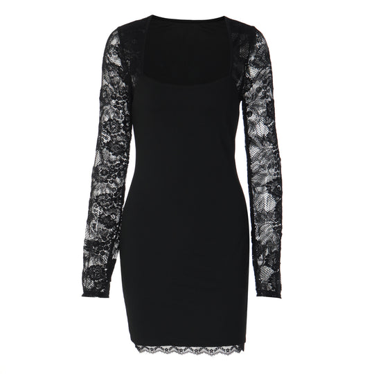 Damen Elegantes Kleid mit Spitzenärmeln und transparentem Dekolleté EB