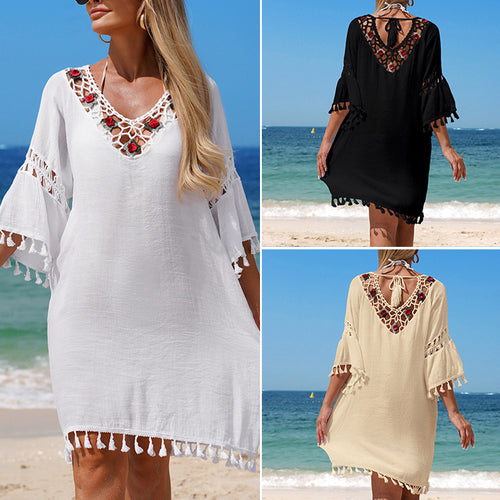 Damen Häkel-Strandkleid mit eleganter Stickerei und Fransen EB