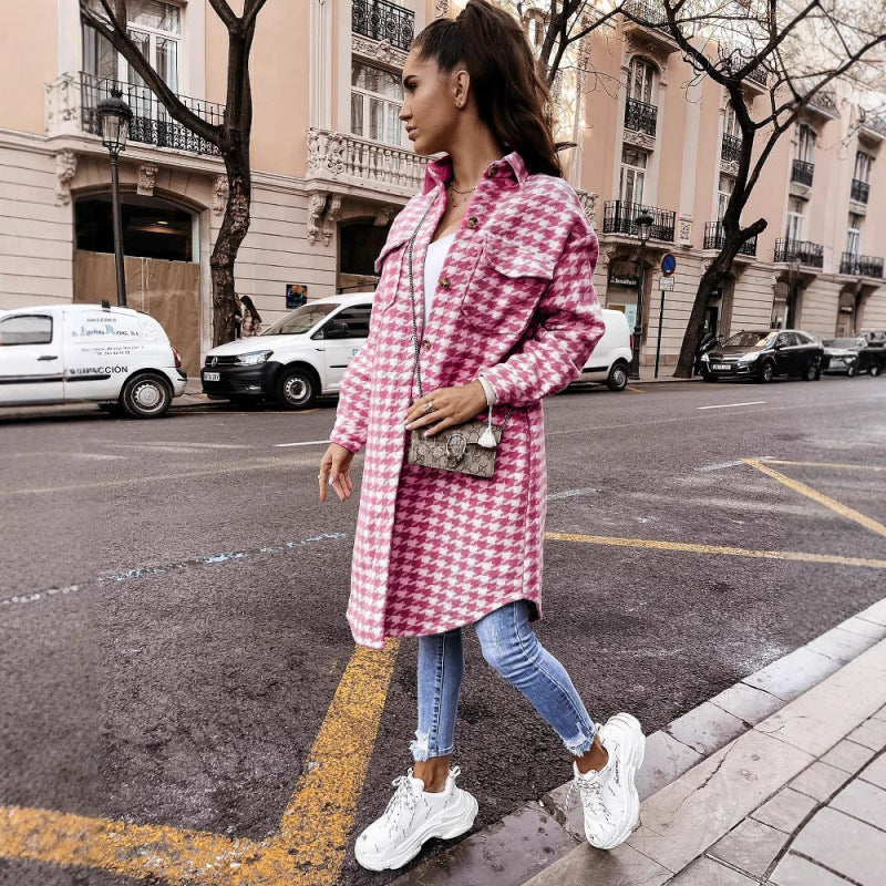 Damen Hahnentritt-Muster Oversized Hemdjacke EB